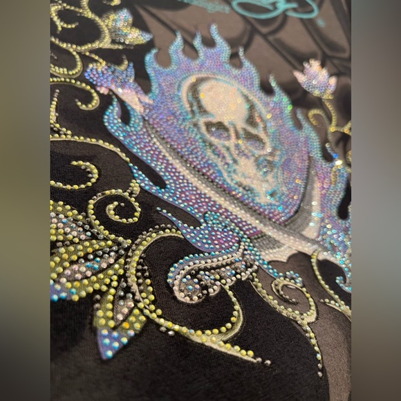 Ed Hardy Shirt Vintage Y2K Size Small Rhinestone Skull Koi Fish Rare Multi Print - Picture 15 of 16